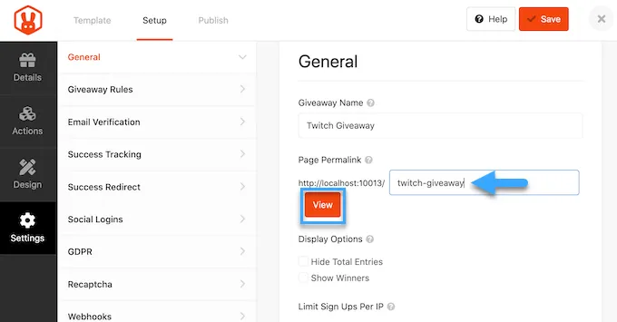 Thiết lập liên kết tĩnh cho landing page giveaway của bạn