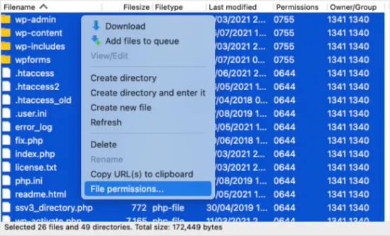 Chọn các file và thư mục sau đó nhấp chuột phải để chọn quyền file