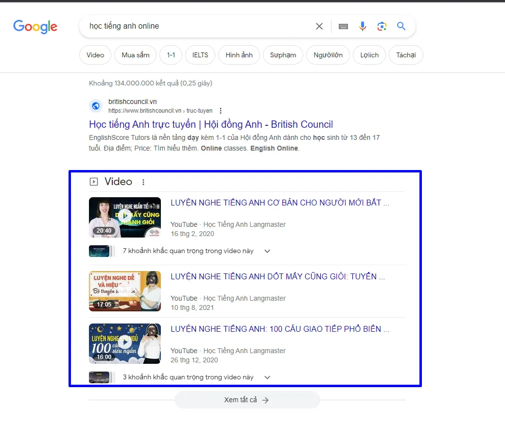 Intent từ khóa: "Học tiếng anh online"