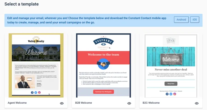 Constant Contact sẽ hiển thị các mẫu email khác nhau