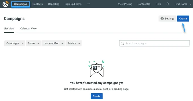 Chuyển đến tab Campaigns và chọn nút Create