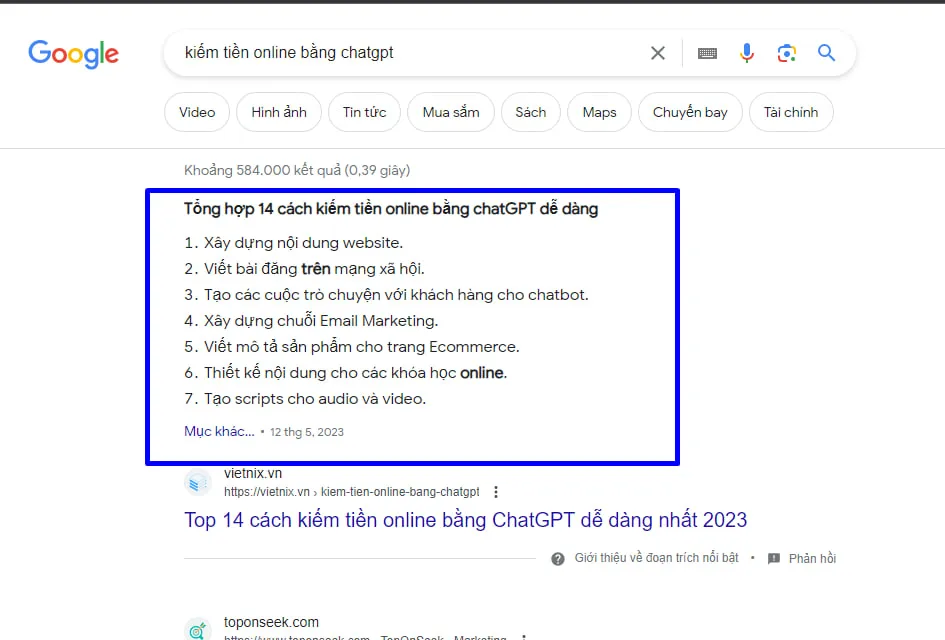 Featured snippent của từ khóa: "Kiếm tiền online bằng chatGPT"