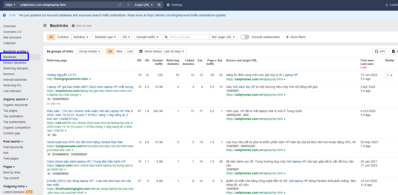 chọn backlink để xem tổng quan