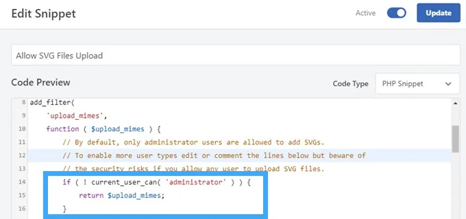 Cấp quyền cho tất cả người dùng bằng WPCode để tải tệp SVG lên