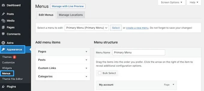 Chọn một menu WordPress để chỉnh sửa