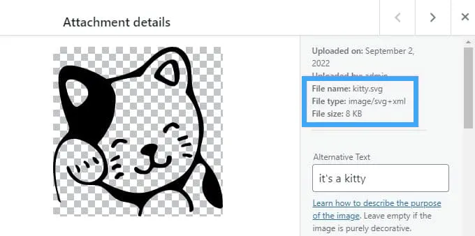 Đó là file SVG kitty đã được tải lên nhờ WPCode's library snippet