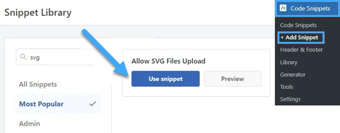 Đoạn mã cho phép tải lên SVG từ thư viện của WPCode