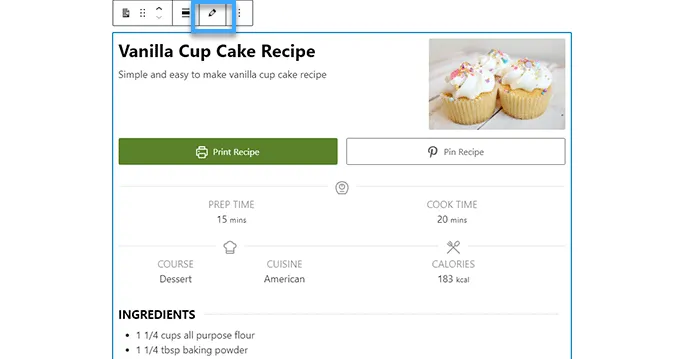 Nhấp vào Edit button trên toolbar để chỉnh sửa recipe