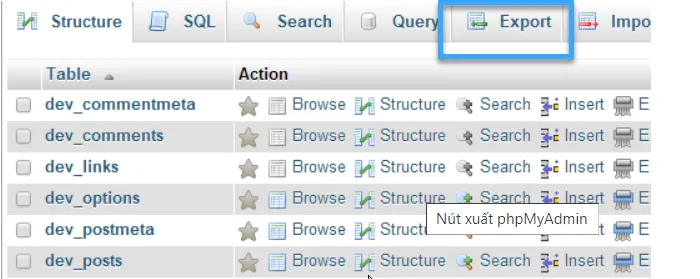 Export sao lưu database