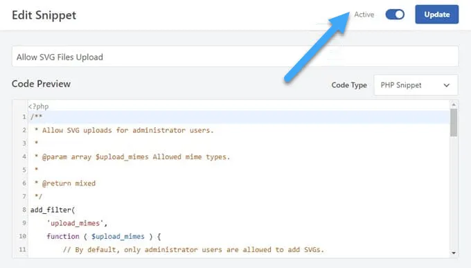 Kích hoạt đoạn code và nhấp vào cập nhật trong WPCode
