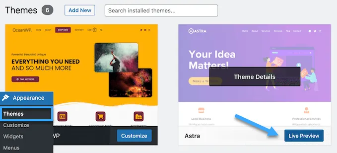 Vào Appearance chọn Themes sau đó chọn Live Preview button