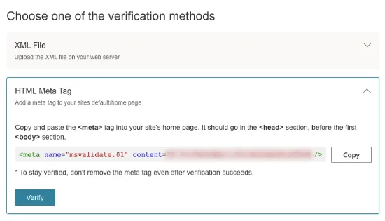 Sao chép thẻ meta để xác minh trang web trong Bing webmaster tools