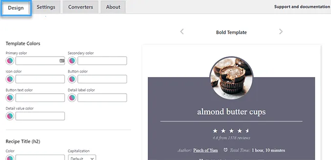 Truy cập Settings chọn Tasty Recipes và chuyển sang tab Design
