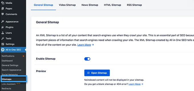 Vào trang All in One SEO chọn Sitemaps để cấu hình các XML sitemap settings