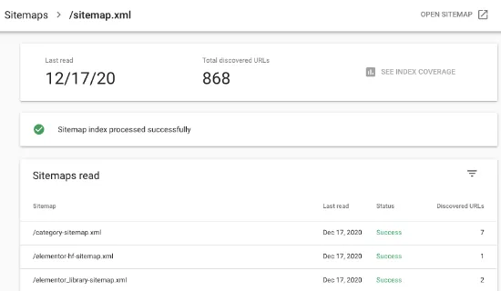 Số liệu thống kế sơ đồ sitemap trong Google search console