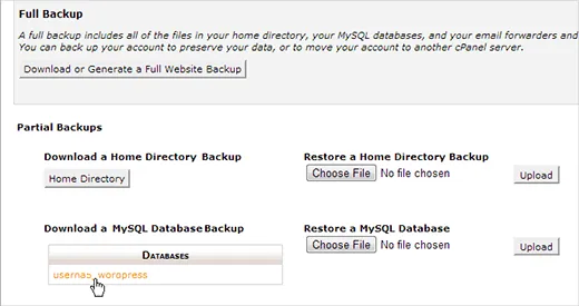 Tải xuống bản sao lưu database WordPress từ cPanel