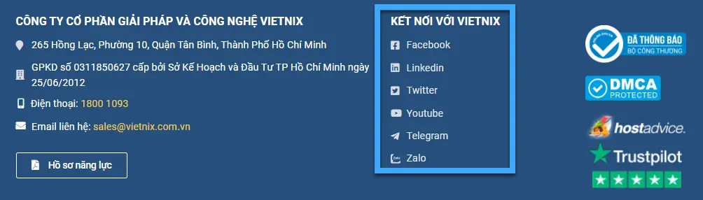 Vietnix chọn sử dụng social media icons đặt dưới footer của mình