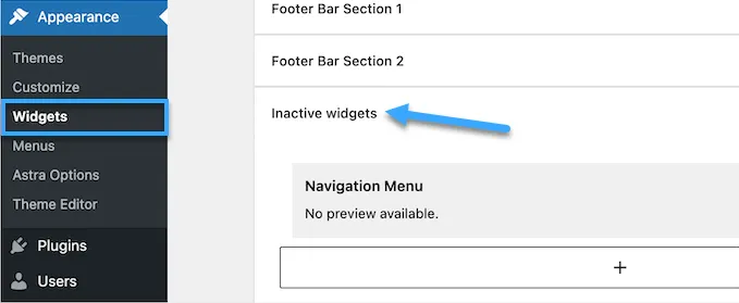 Vào Appearance chọn Widgets và tìm Inactive Widgets