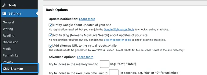Chuyển đến trang Settings chọn XML-Sitemap để cấu hình sitemap