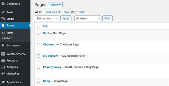 Các page mặc định của WooCommerce
