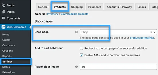 Chọn page muốn sử dụng làm shop page