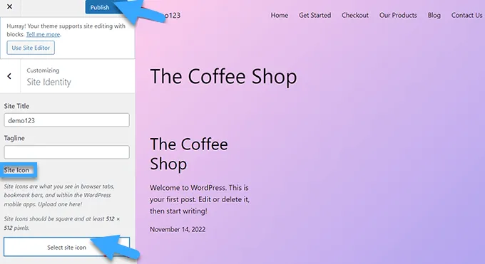 Chọn Select Site Icon để mở thư viện WordPress