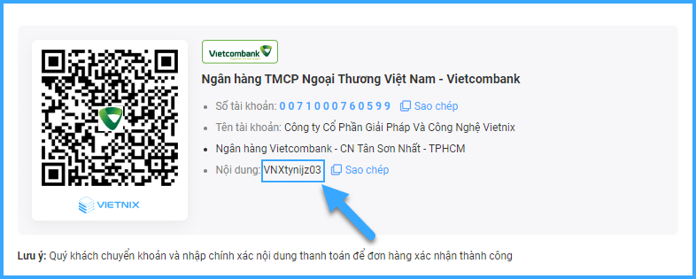 Hướng Dẫn Thanh Toán 17 Chuyển khoản qua tài khoản của Vietnix