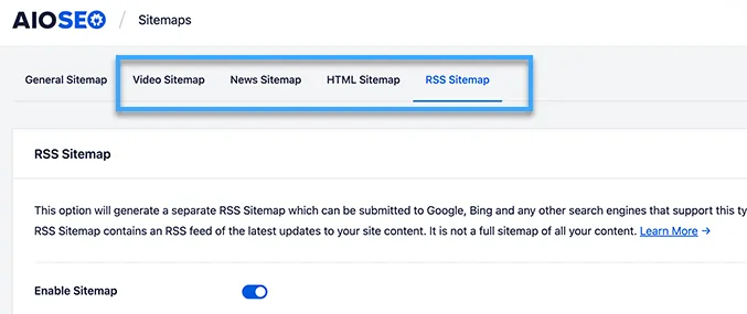 All in One SEO cho phép tạo video, tin tức, RSS sitemap, HTML sitemap