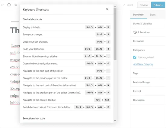 HIển thị tùy chọn phím tắt WordPress