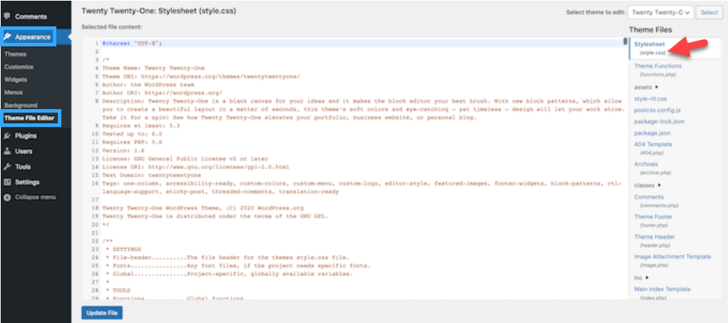 WordPress theme editor