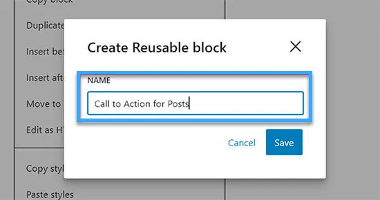 Nhập tên cho reusable block