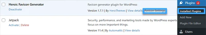 Nhấp vào Favicon Setting