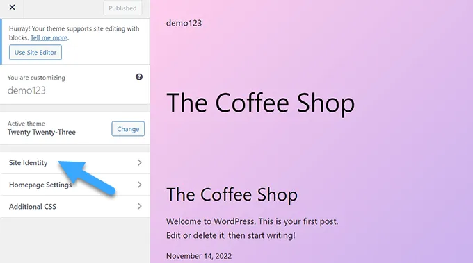 Nhấn vào tab Site Indentity