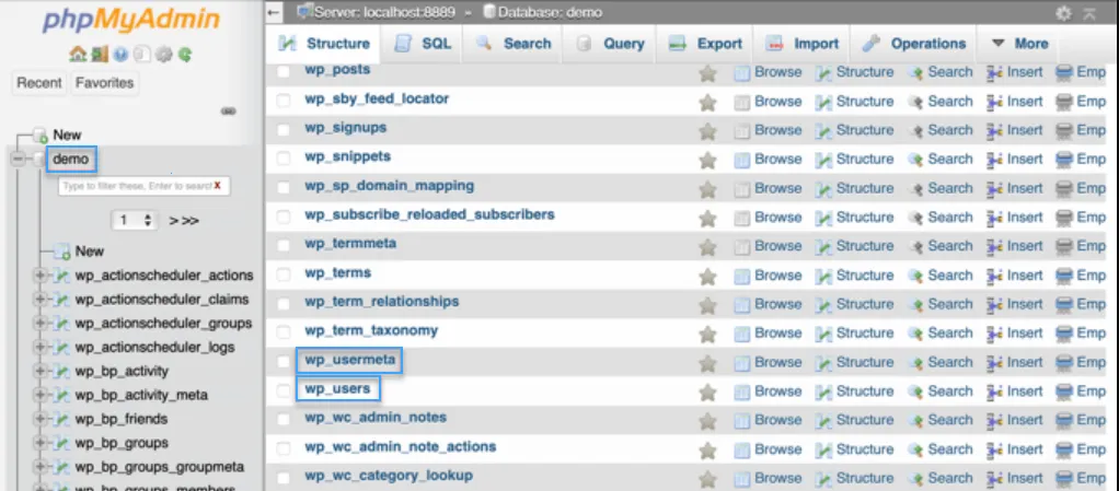 phpMyAdmin sẽ hiển thị tất cả các bảng trong WordPress database