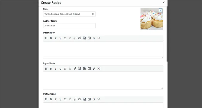 Thêm block sẽ mở một cửa sổ pop up cho bạn viết recipe