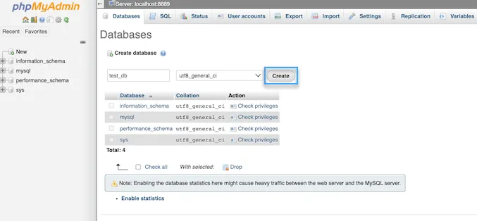 Nhấp vào nút Create để tạo database