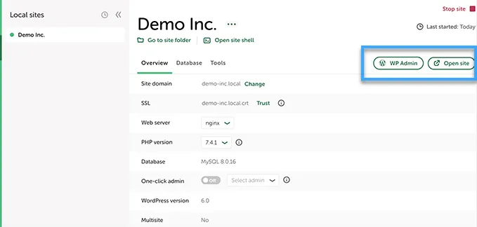 Thông tin về trang web mới được tạo với các nút để truy cập vào khu vực quản trị