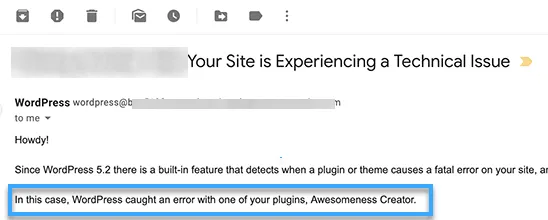 Email thông báo cho biết plugin gây ra lỗi