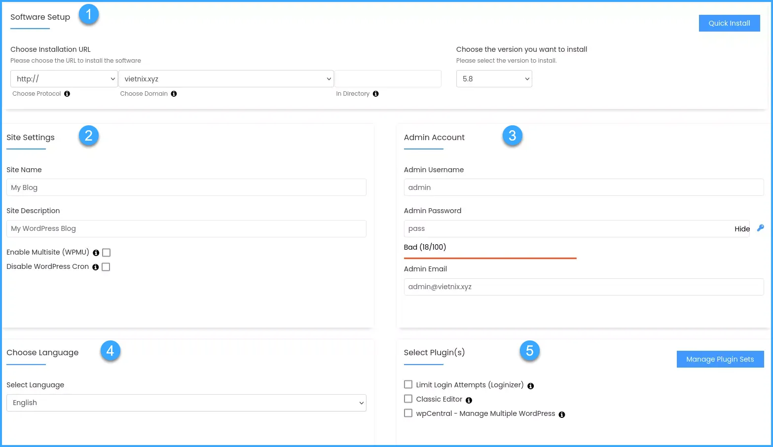 Các tùy chỉnh bạn có thể thay đổi trước khi tạo website