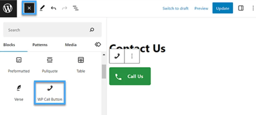 Chọn Add Block button sau đó thêm Call Button block vào trang