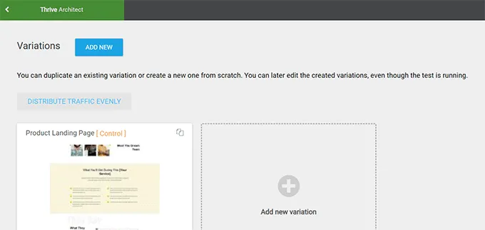 Chọn Add New Variation để tạo phiên bản landing page mới