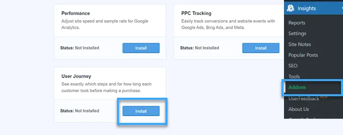 Vào Insights chọn Addons