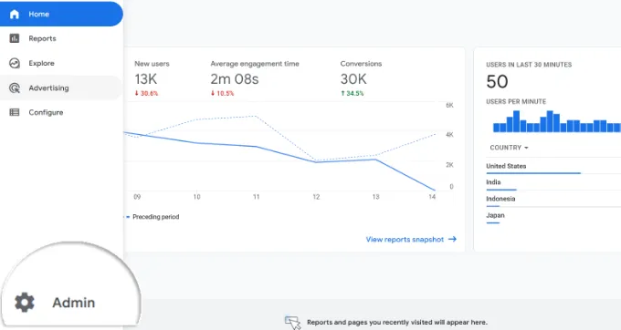 Nhấp vào Admin button để bật tracking eCommerce nâng cao