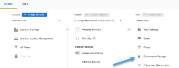 Nhấp vào link Ecommerce Settings tại cột View