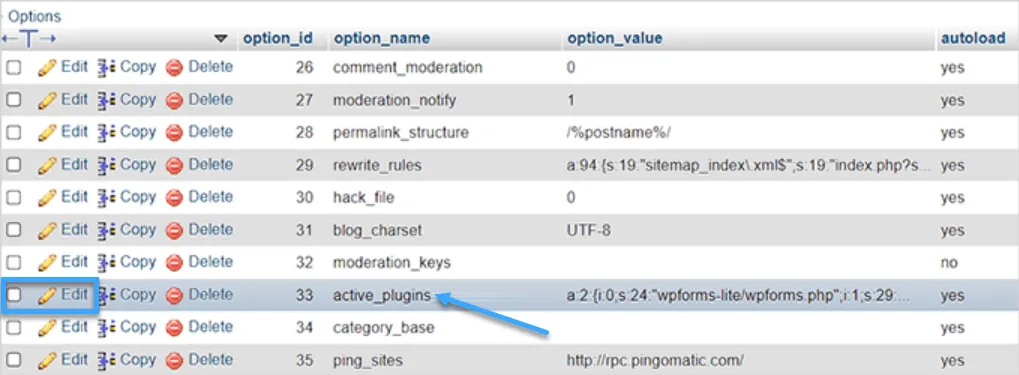 Tại wp_options cần tìm dòng có option_name được thiết lập là active_plugins