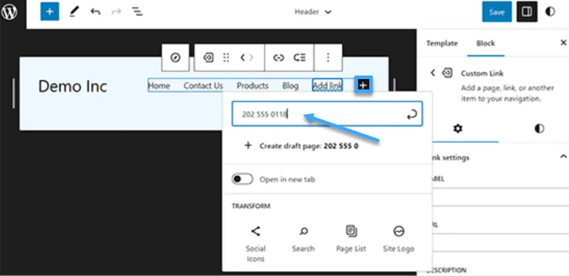 Gõ số điện thoại và nhấn Enter để thêm navigation menu