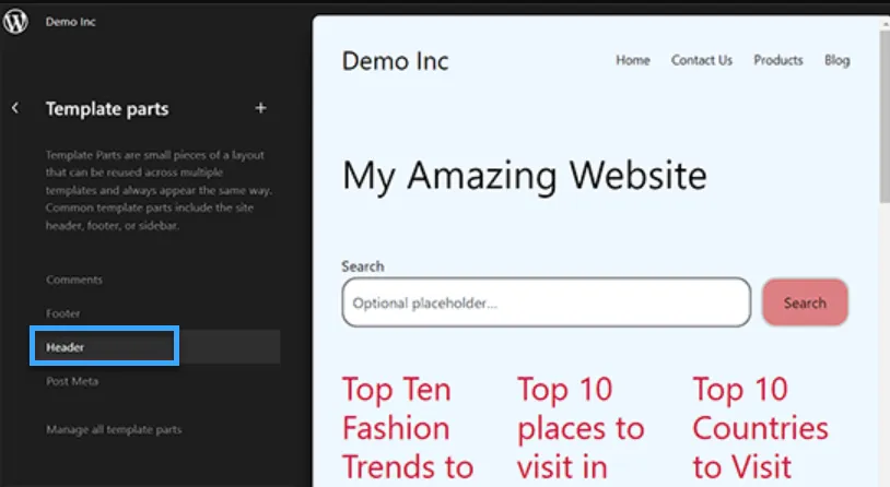 Vào Appearance chọn Editor sau đó chọn Header làm template để chỉnh sửa