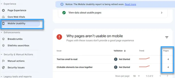 Kiểm tra các trang có vấn đề trong phần Mobile Usability