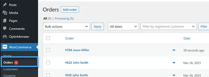 Vào WooCommerce chọn Orders