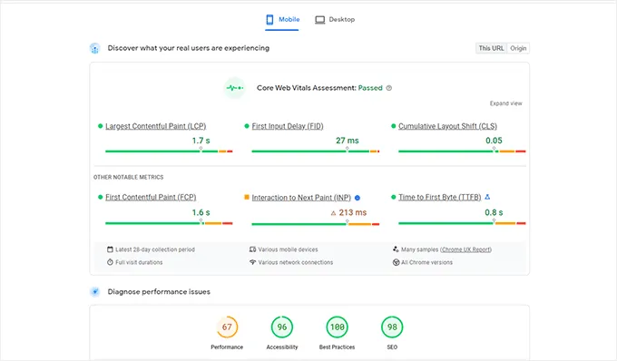 PageSpeed Insights kiểm tra hiệu suất trang web